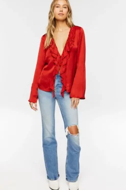 Satin Ruffle-Trim Top