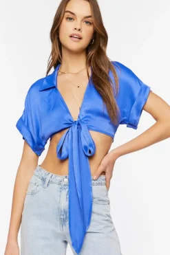 Satin Tie-Front Crop Top