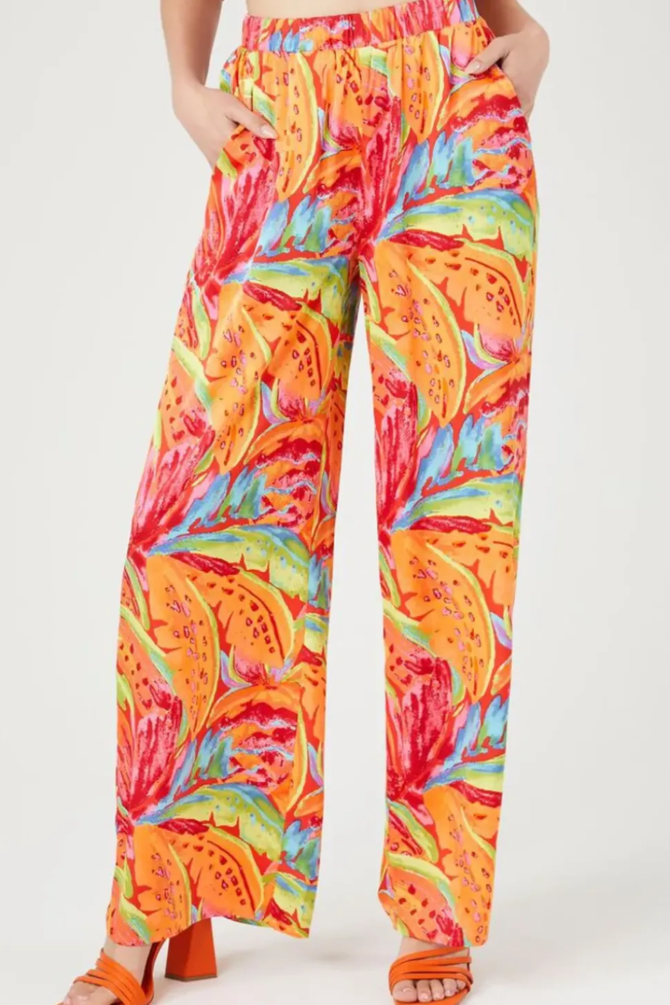 Satin Tropical Leaf Print Pants