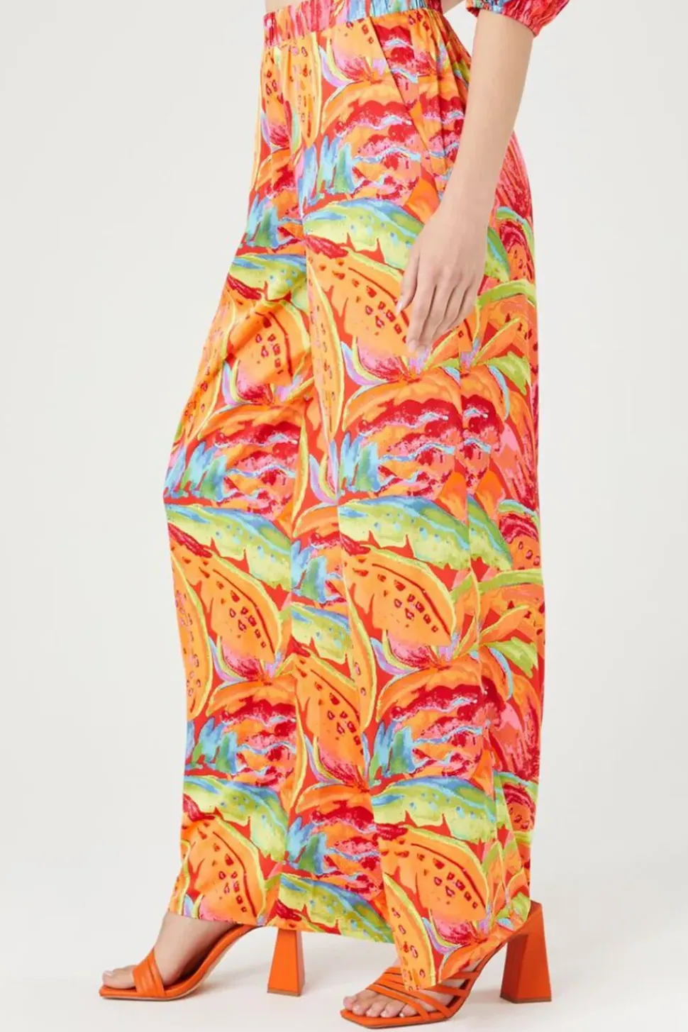 Satin Tropical Leaf Print Pants
