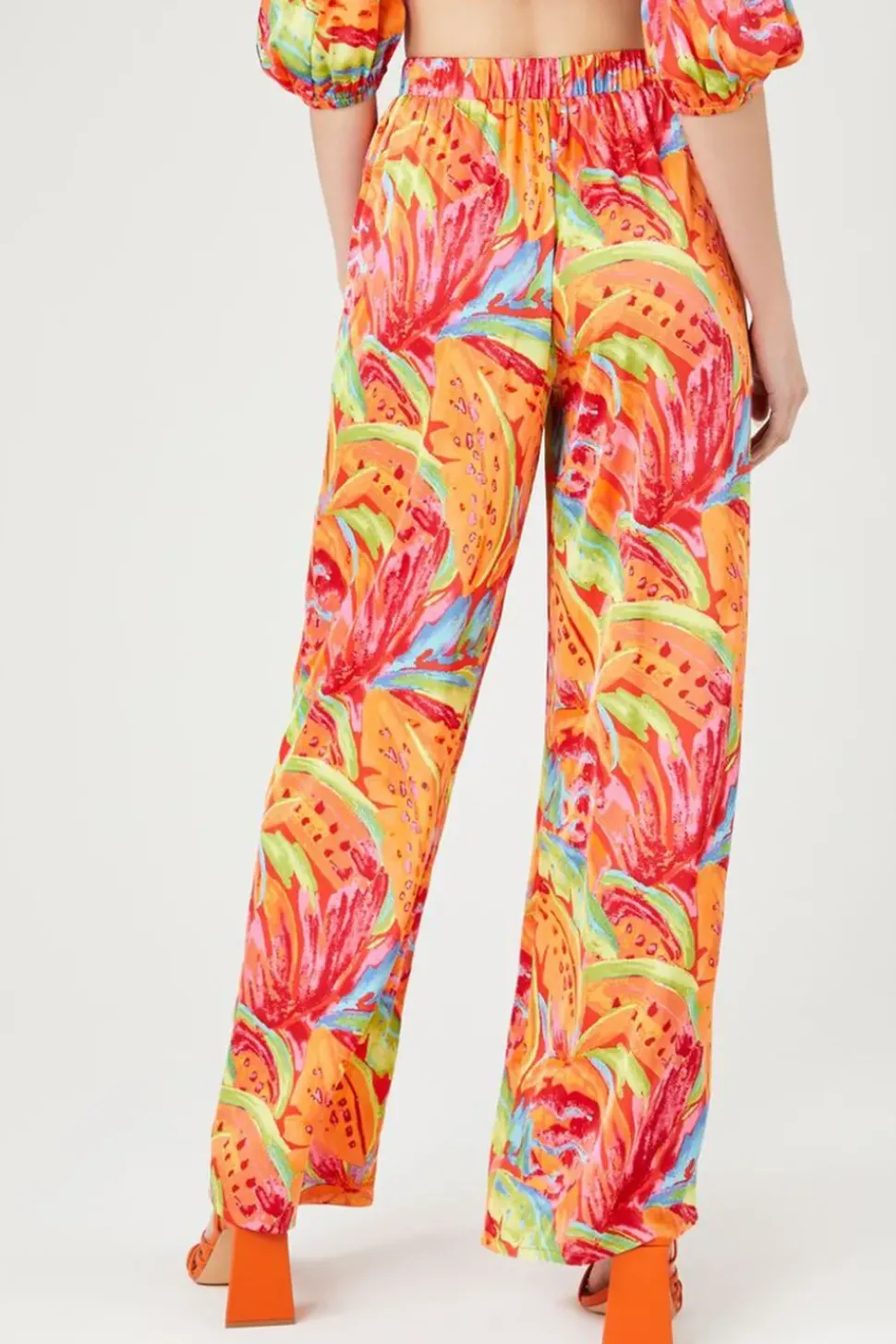 Satin Tropical Leaf Print Pants