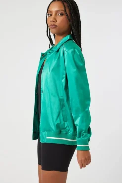 Satin Varsity-Striped Bomber Jacket