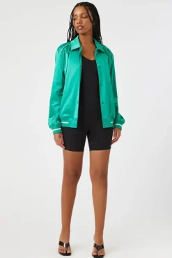 Satin Varsity-Striped Bomber Jacket