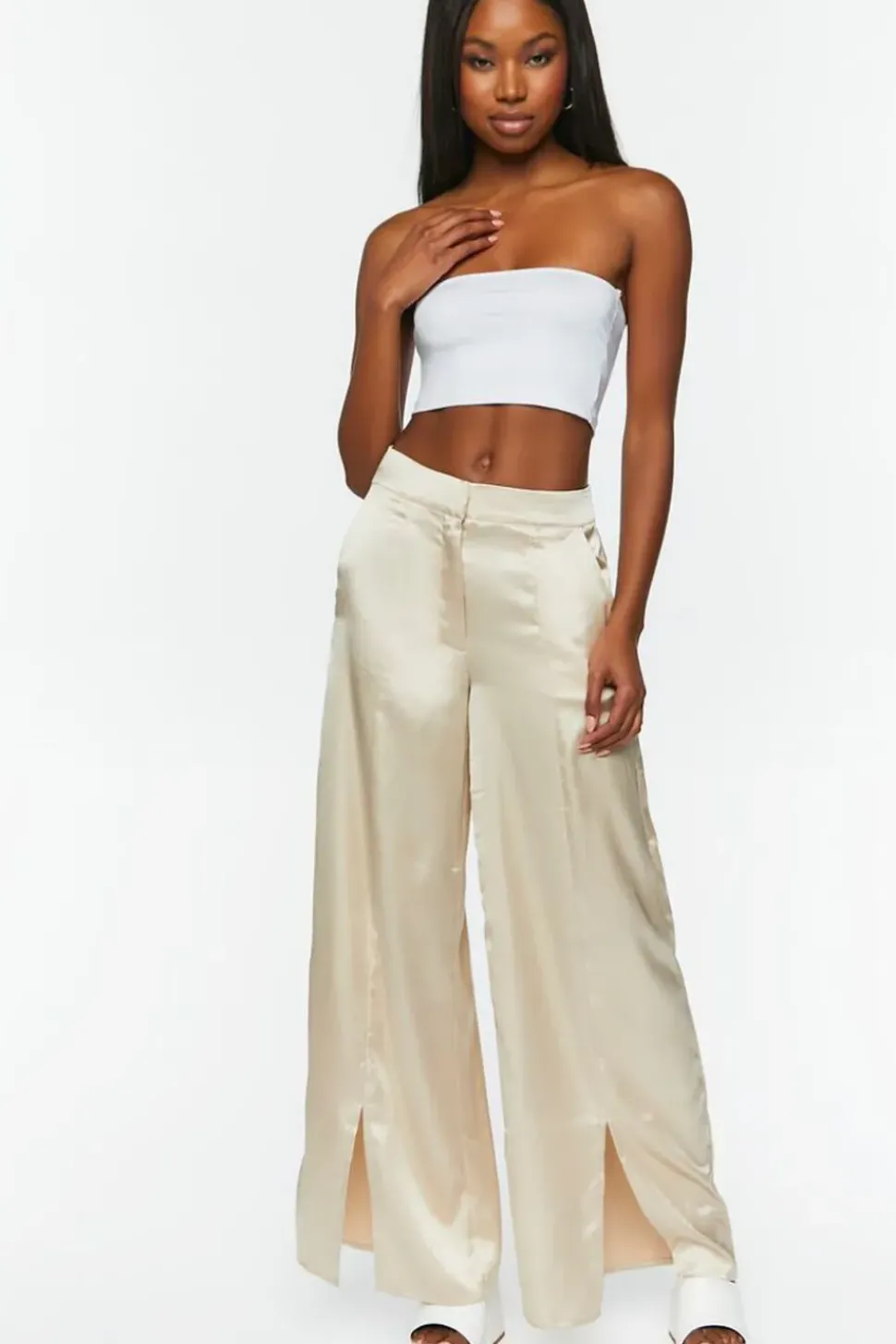 Satin Wide-Leg Split-Hem Pants