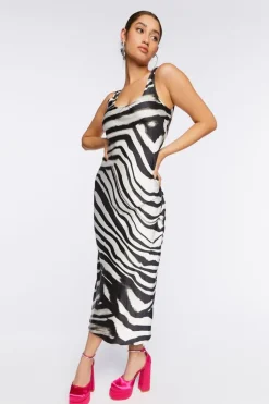 Satin Zebra Print Midi Dress