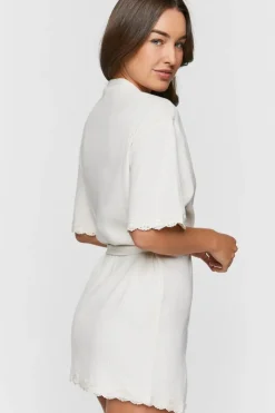 Scalloped-Trim Ribbed Lingerie Robe