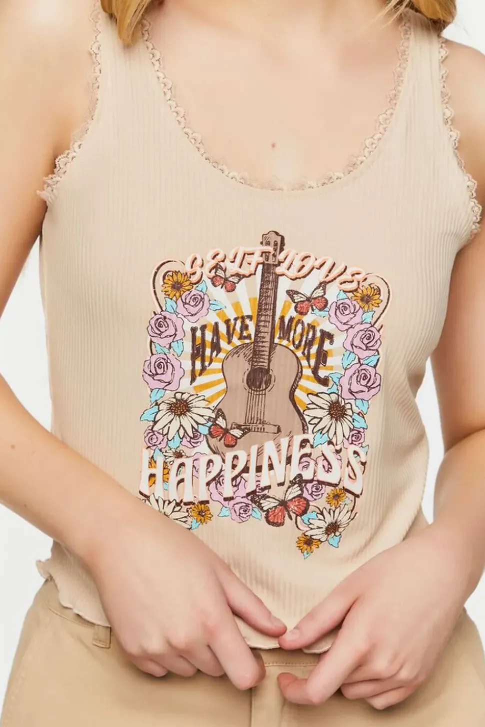 Self Love Graphic Lace-Trim Tank Top