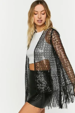 Sequin Open-Knit Fringe Kimono