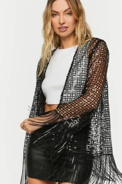 Sequin Open-Knit Fringe Kimono