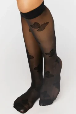 Sheer Butterfly Print Crew Socks