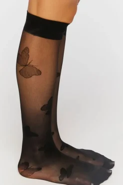Sheer Butterfly Print Crew Socks