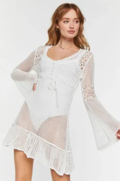 Sheer Crochet Bell-Sleeve Dress
