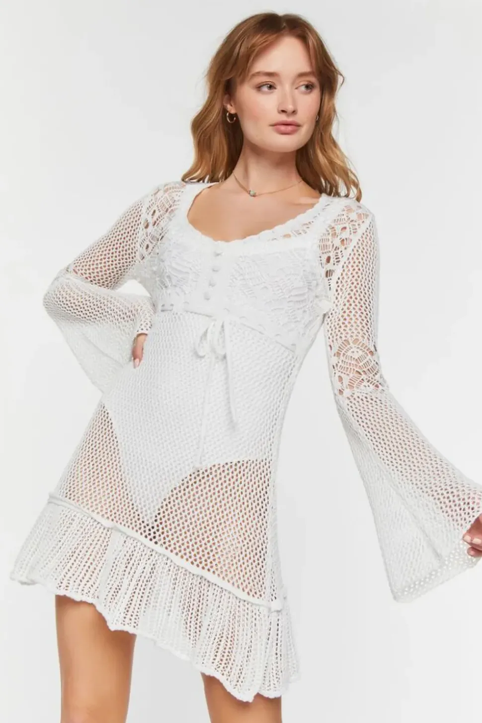 Sheer Crochet Bell-Sleeve Dress