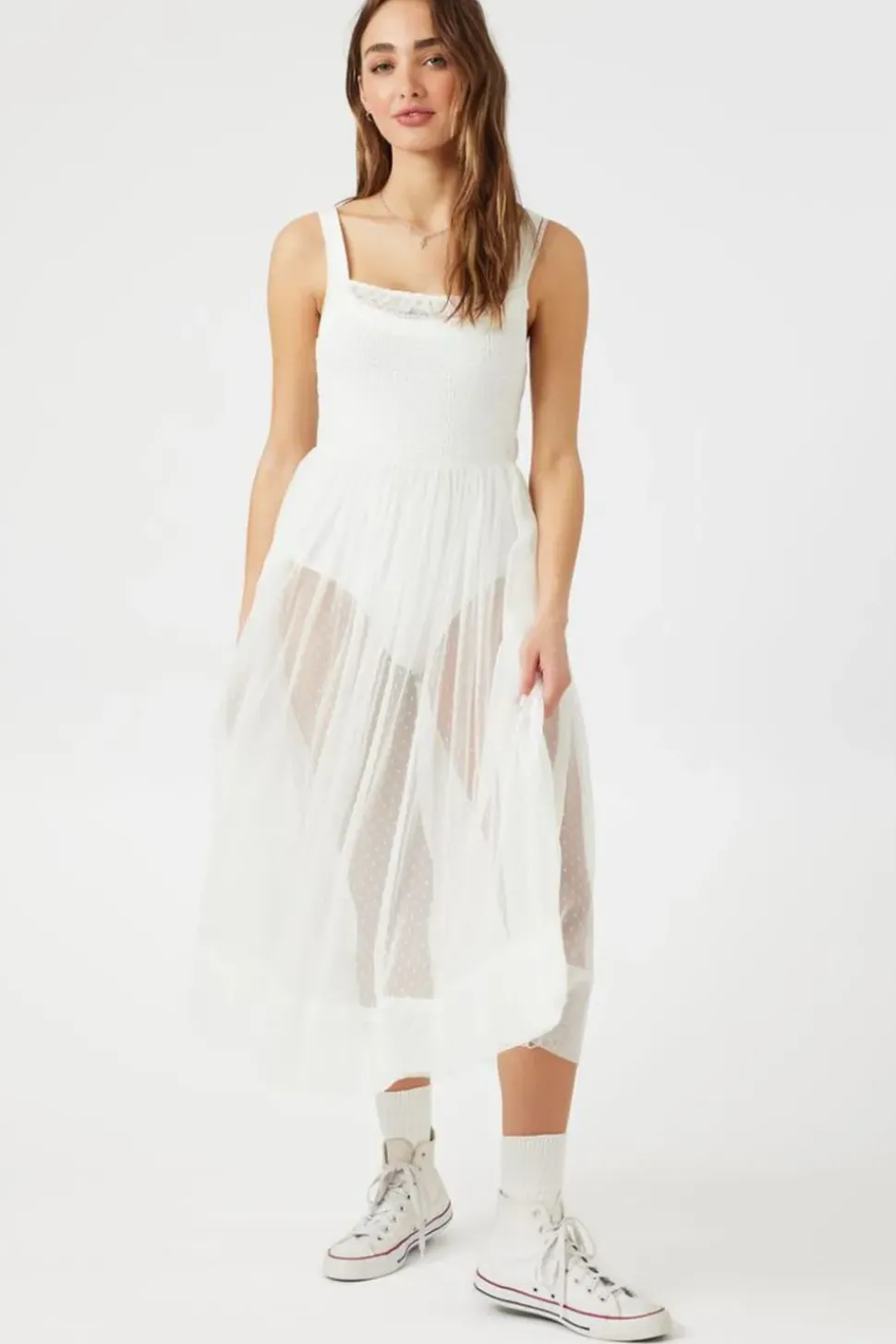 Sheer Dotted Smocked Midi Dress