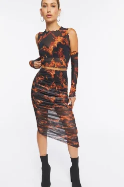 Sheer Flame Print Mesh Top
