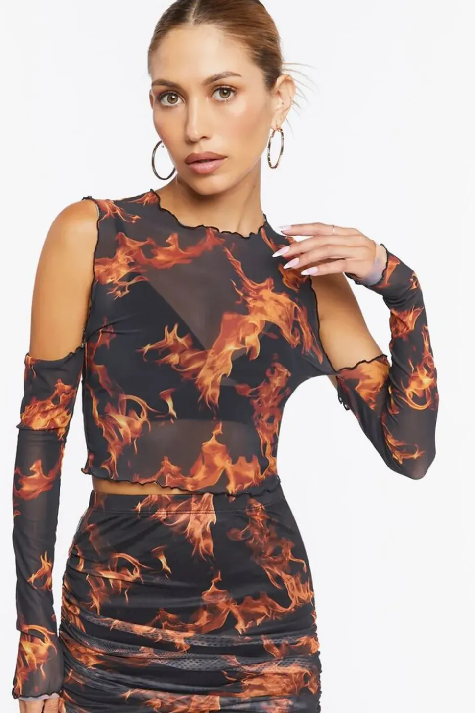 Sheer Flame Print Mesh Top