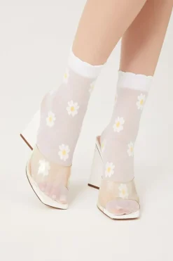 Sheer Floral Print Crew Socks