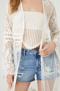 Sheer Lace Open-Front Kimono