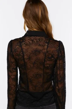 Sheer Lace Ruffle-Front Shirt