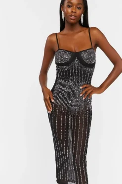 Sheer Rhinestone Midi Dress