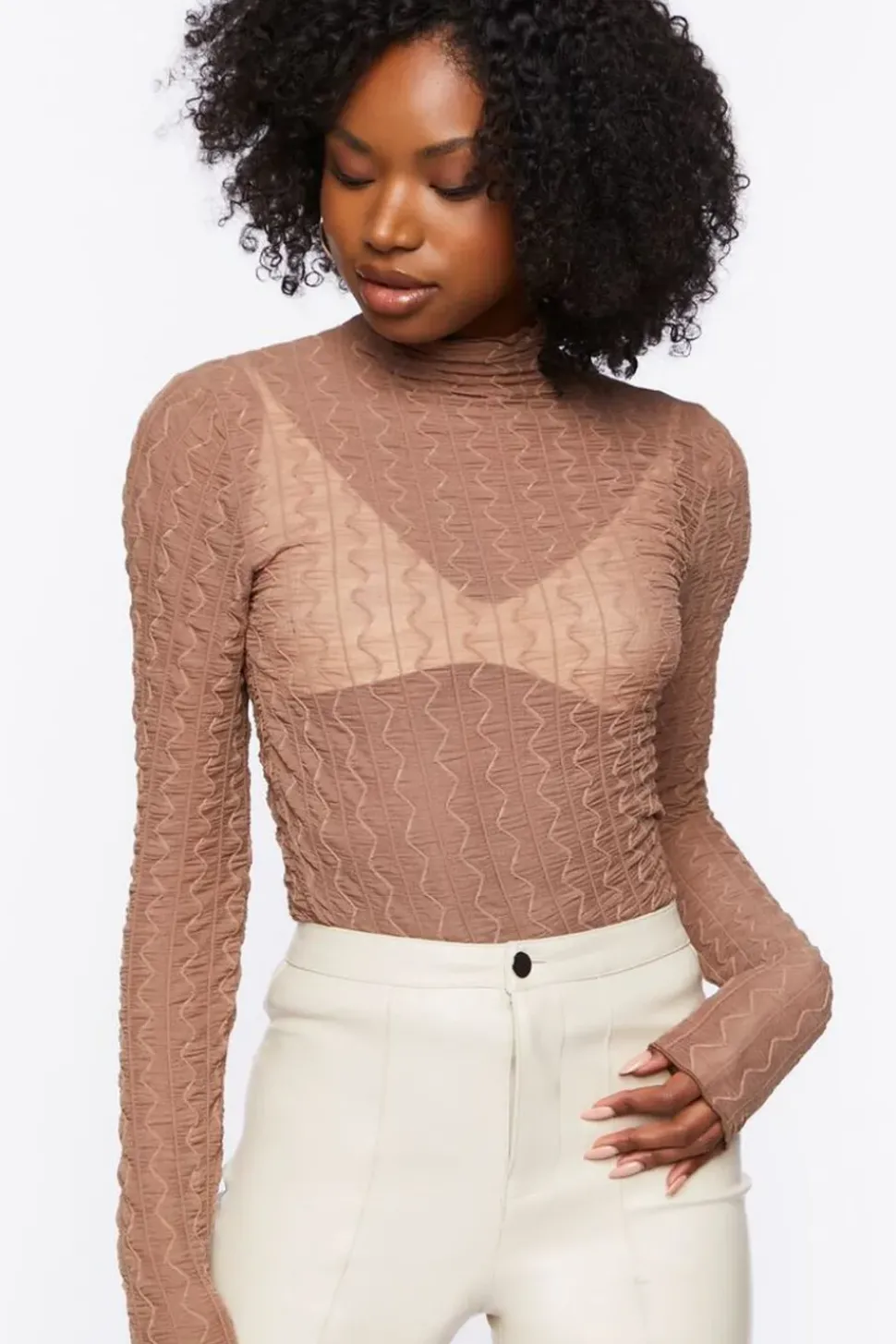 Sheer Textured Mock Neck Top