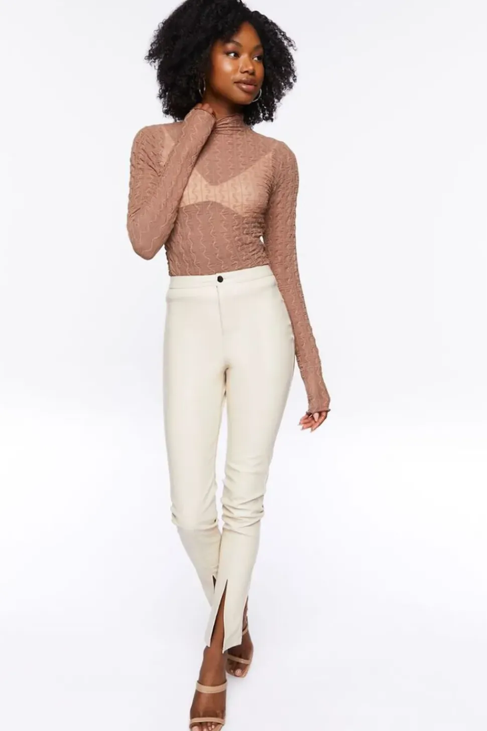 Sheer Textured Mock Neck Top
