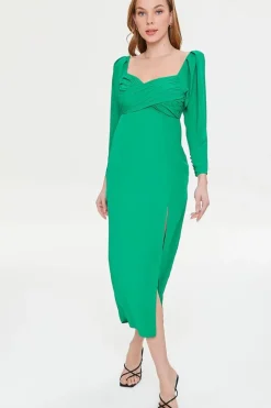 Shirred Midi Slit Dress