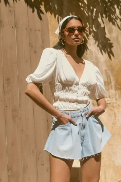 Shirred Puff-Sleeve Crop Top