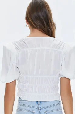 Shirred Puff-Sleeve Crop Top