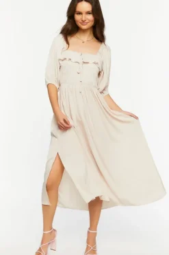 Shirred Puff-Sleeve Midi Dress