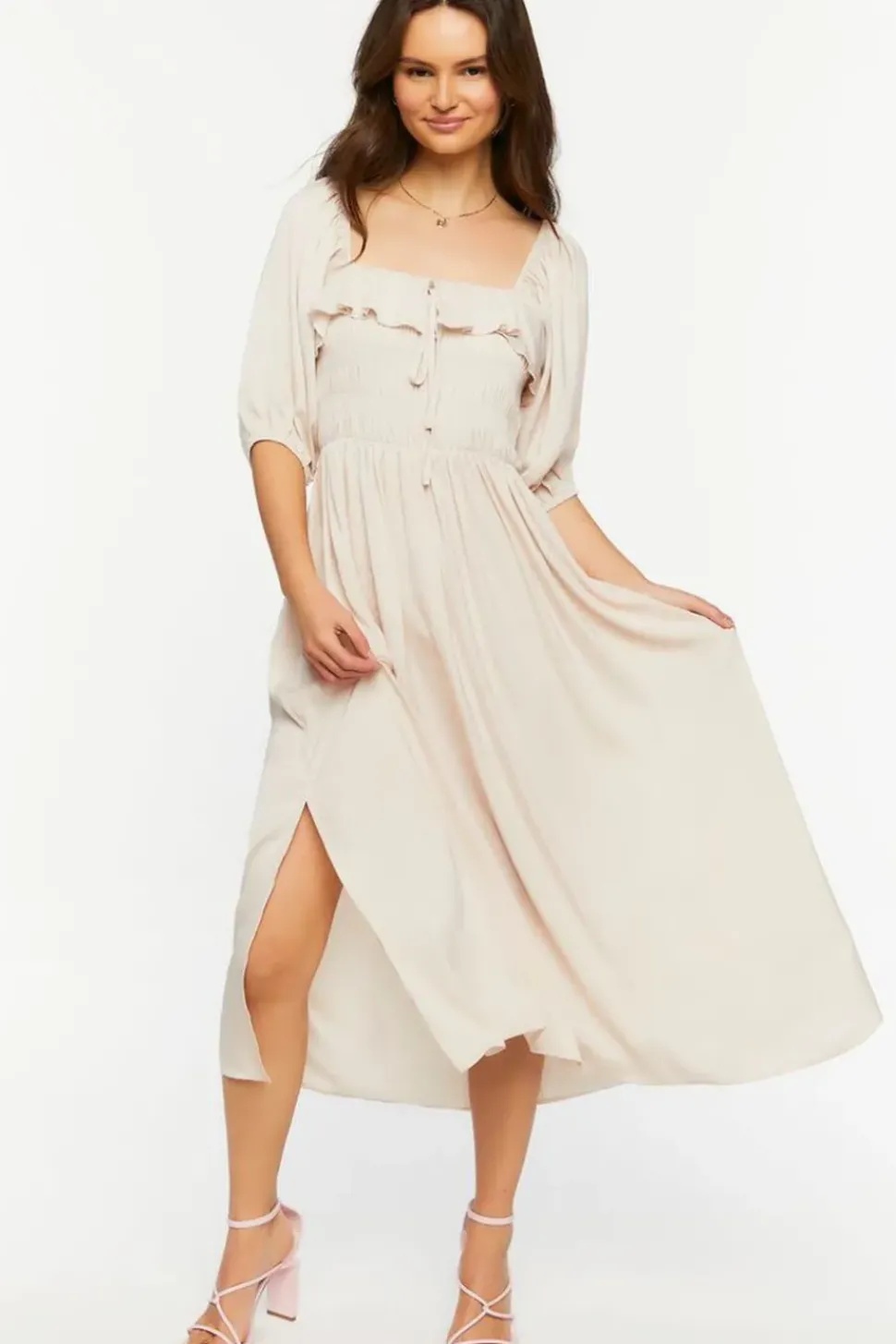 Shirred Puff-Sleeve Midi Dress