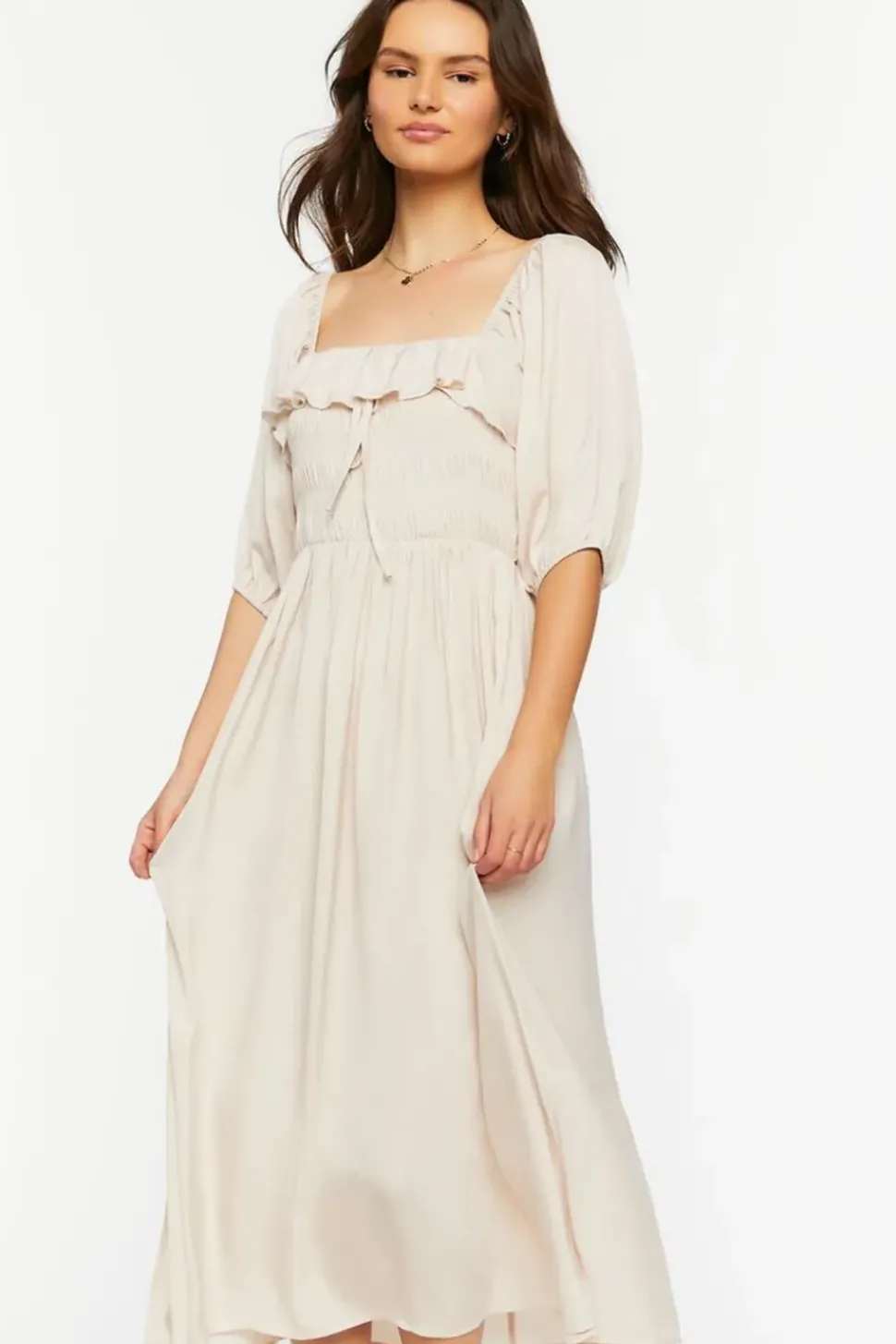 Shirred Puff-Sleeve Midi Dress