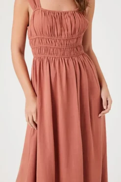 Shirred Square-Neck Midi Dress