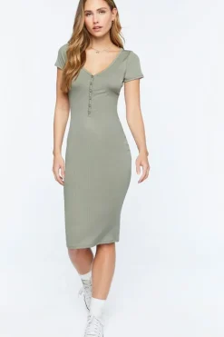 Short-Sleeve Button-Front Midi Dress