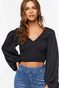 Smocked Balloon-Sleeve Crop Top