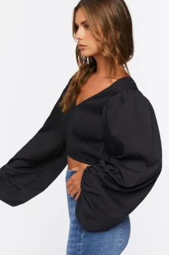 Smocked Balloon-Sleeve Crop Top