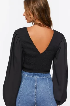 Smocked Balloon-Sleeve Crop Top