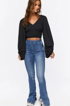 Smocked Balloon-Sleeve Crop Top