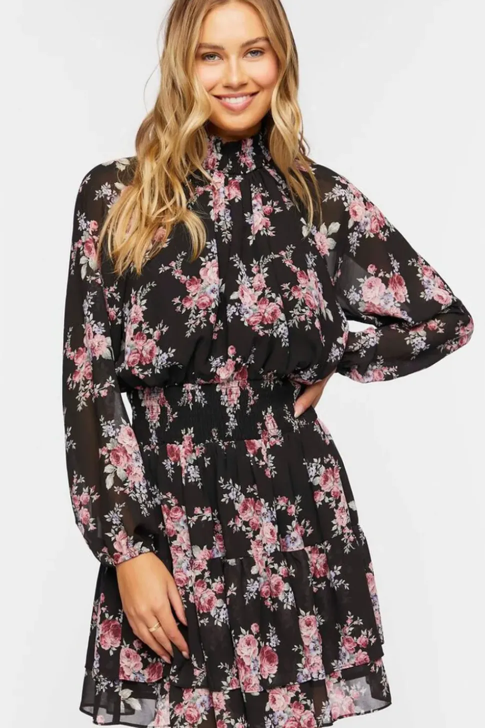 Smocked Floral Chiffon Mini Dress