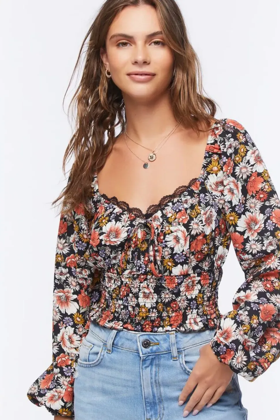 Smocked Floral Peasant Top
