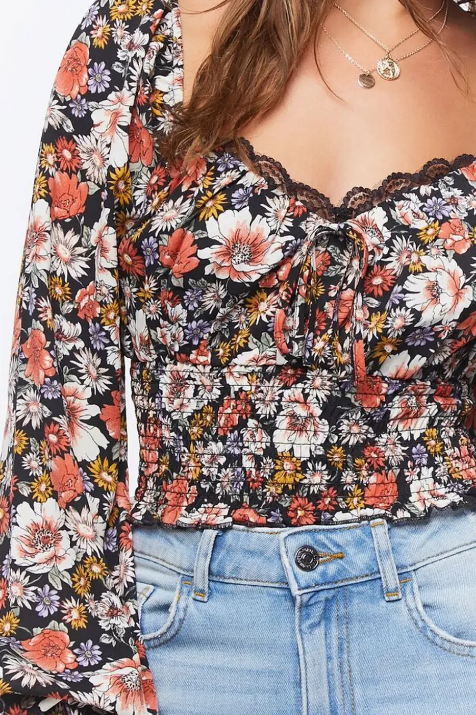 Smocked Floral Peasant Top