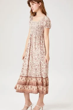 Smocked Floral Print Midi Dress