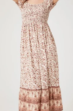 Smocked Floral Print Midi Dress