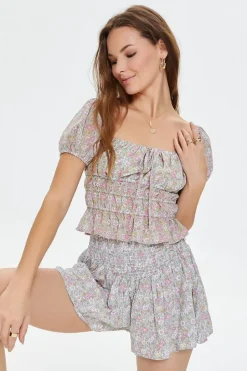 Smocked Floral Print Shorts