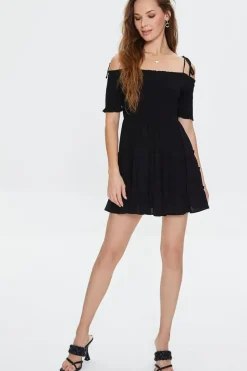 Smocked Open-Shoulder Mini Dress