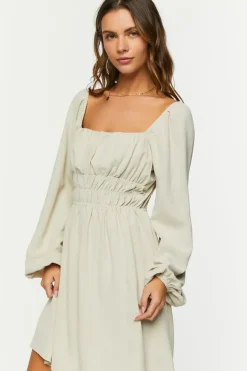 Smocked Peasant-Sleeve Mini Dress