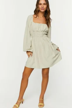 Smocked Peasant-Sleeve Mini Dress