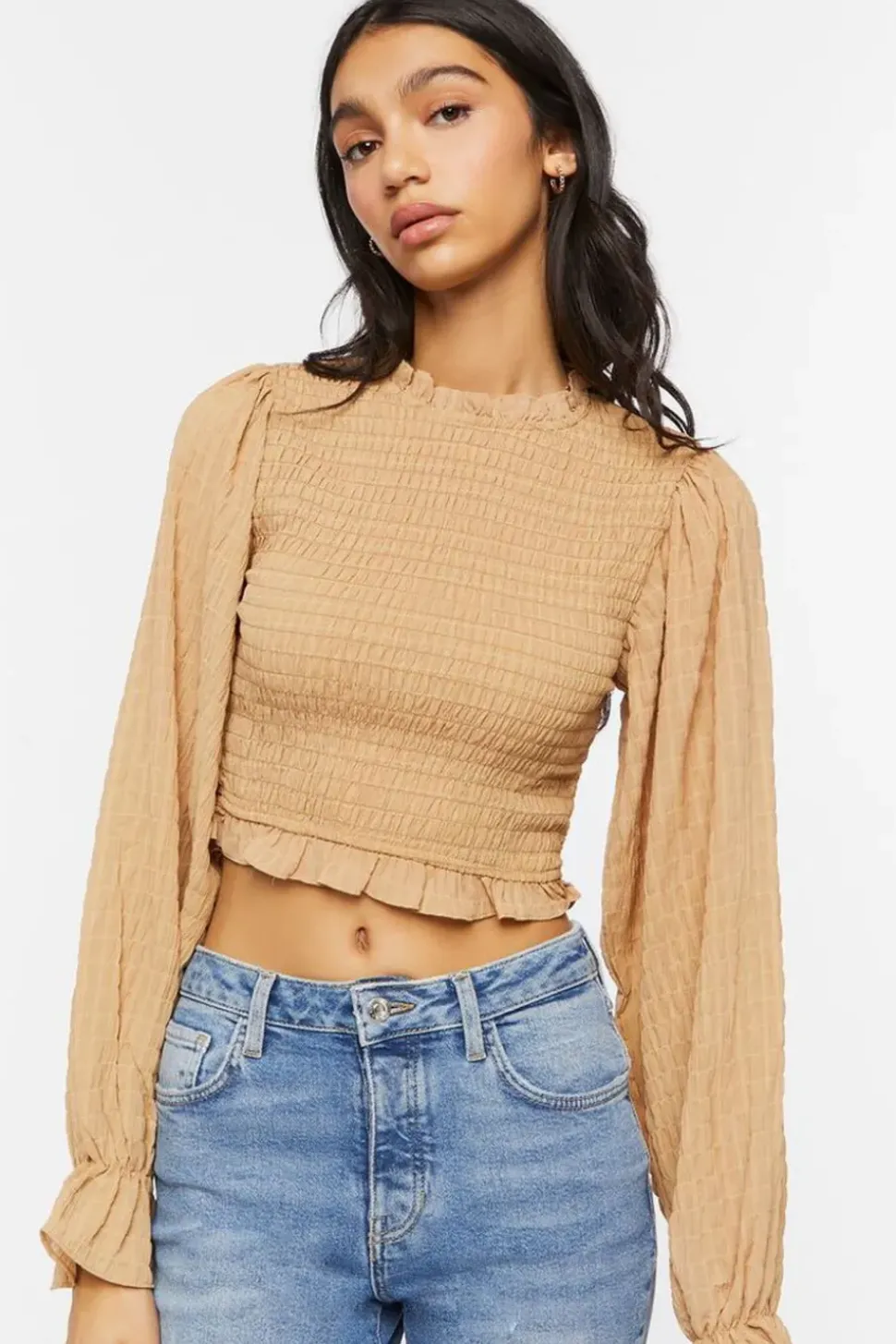 Smocked Peasant-Sleeve Top