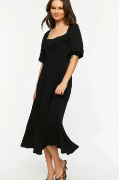 Smocked Puff-Sleeve Midi Dress