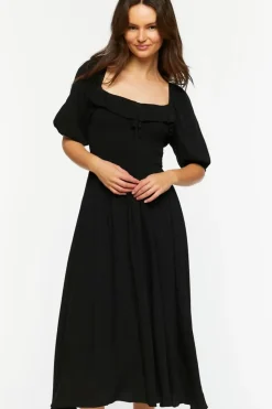 Smocked Puff-Sleeve Midi Dress